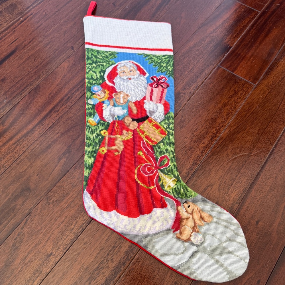 Vintage Needlepoint Christmas Stocking Santa Toys Tree Red Velvet Back 20"